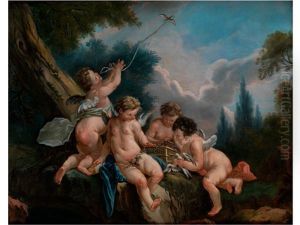 Spielende Putten In Einer Landschaft by Francois Lemoyne