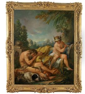 Hermes Uberlistet Argus (die In Eine Kuh Verwandelte Io Wird Vom Hundertaugigen Argus Bewacht. Zeus Bittet Seinen Sohn Hermes Um Hilfe, Der Argus Mit Seinem Flotenspiel Einschlafert) by Francois Lemoyne