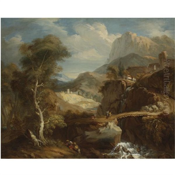 Extensive Mountainous Landscape With Travelers Crossing A Ravine - view 1