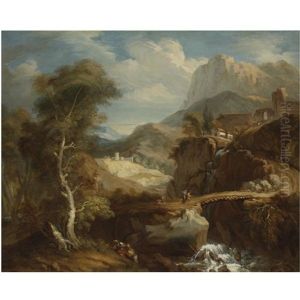 Extensive Mountainous Landscape With Travelers Crossing A Ravine