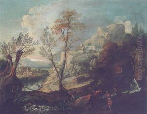 A River Landscape With A Herder Watering His Cow By A Bridge, A Hill Top Town Beyond