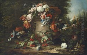 Roses, Tulips, Carnations And Other Flowers In A Stone Urn, With Roses On A Trellis, Figs, Cherries And A Pomegranate On A Garden Floor