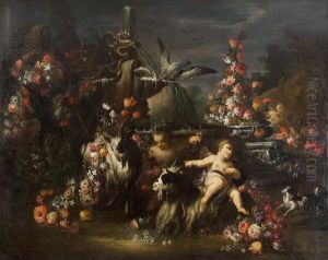 Fontana Con Composizioni Di Fiori, Putti E Capre by Andrea Belvedere