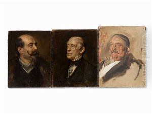 3 Men's Portraits by Lenbach Franz Von