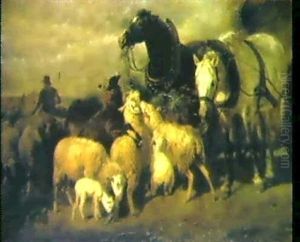 Pferdefuhrwerk Mit Schafherde by Lenbach Franz Von