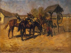 Zwei Soldaten Mit Ihren Pferden Bei Der Rast Am Brunnen by Ede Lengyel-Reinfuss