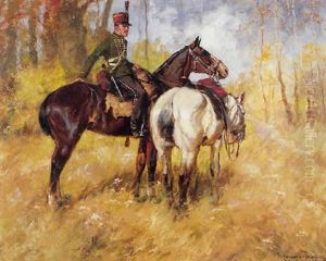 Hungarian Officer With Two Horses by Ede Lengyel-Reinfuss
