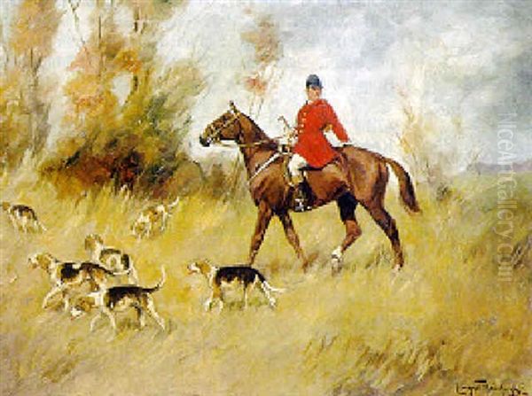 Reiter Mit Hundemeute Auf Der Jagd In Herbstlicher Landschaft - view 1