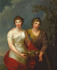 Personifikation Der Freundschaft Und Dankbarkeit. Zwei Stehende, Weibliche Figuren, Einen Korb Mit Blumen Haltend Personifikation Der Freundschaft Und Dankbarkeit. Zwei Stehende, Weibliche Figuren, Einen Korb Mit Blumen Haltend