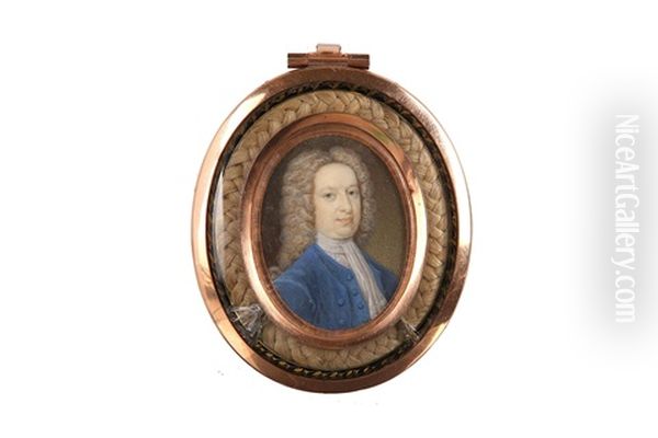 Portrait Miniature Of A Gentleman, Wearing A Blue Coat. Blue Waistcoat And Tied White Cravat, With A Long Curled Wig - view 1