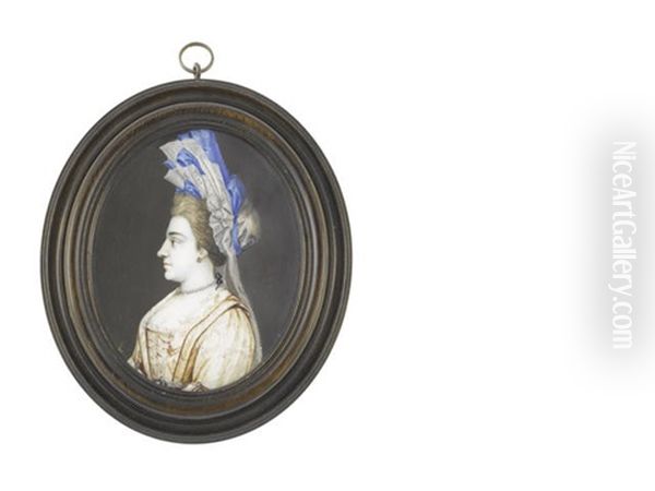 A Lady Called, Catherine Wood, In Profile To The Left, Wearing Embroidered Gold Dress With Crimson Detail To The Bodice Over White Lace Slip, Jewels To Her Sleeves And Waistband - view 1