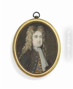Mr Newton, In Green Coat, Yellow Embroidered Waistcoat, White Lace Cravat, Long Curling Full-bottomed Brown Wig by Bernard Lens III