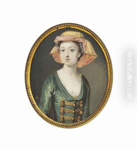 A Young Lady, In Decollete Green Dress, Gold Embroidered Frogged Bodice, Wearing A Red And Yellow Scarf Over Her Upswept Hair