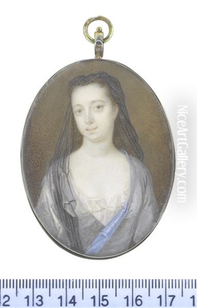 A Lady, Wearing Grey Robe With Blue Lining Over Her White Chemise, Her Dark Hair Upswept, Supporting A Sheer Black Veil Falling Before Her Right Shoulder - view 1