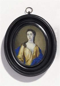 A Young Lady, In Ochre Satin Open Gown With White Lining, Fastened With A Pearl, Ruffled Linen Shift, Royal Blue Satin Mantle, Her Dark Curling Hair Falling Over Her Right Shoulder