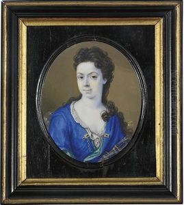 A Young Lady In Royal Blue Satin Open Gown With Celadon Green Lining