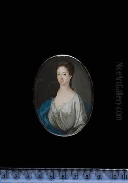 A Lady Wearing A Grey Dress, White Underslip And Blue Cloak, Her Dark Hair Falling Over Her Right Shoulder - view 1