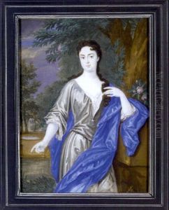 Lady Mary Bertie, Standing With Her Left Elbow Leaning On A Stone Plinth, In Grey Silk Day Dress With White Underdress, Blue Silk Cloak Draped Over Her Left Shoulder ... Lady Mary Bertie, Standing With Her Left Elbow Leaning On A Stone Plinth, In Grey Silk Day Dress With White Underdress, Blue Silk Cloak Draped Over Her Left Shoulder ...