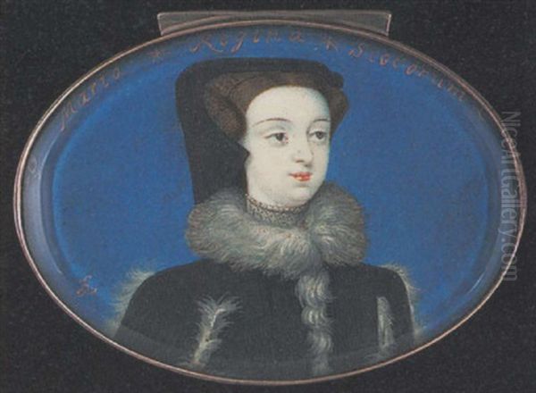 An Unknown Lady (mary Queen Of Scots?), Wearing Black Dress With White Fur Edging To The Neck And Sleeves, Pearl Set Grey Choker And Black Cap - view 1