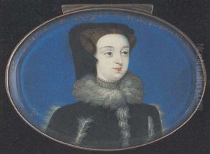 An Unknown Lady (mary Queen Of Scots?), Wearing Black Dress With White Fur Edging To The Neck And Sleeves, Pearl Set Grey Choker And Black Cap
