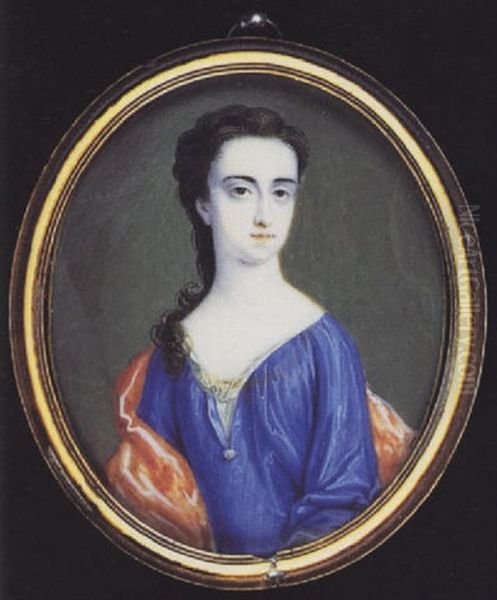 A Noblewoman Wearing Blue Robes With White Underdress, A Pearl At Her Corsage And A Red Cloak Over Her Shoulders... - view 1