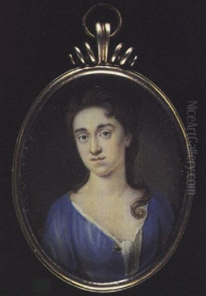 A Noblewoman Wearing Blue Robes With White Underdress, A Gold Jewelled Brooch, A Red Cloak, Her Hair Loose - view 1