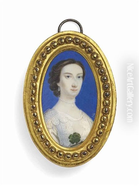 Lady Mary Osborn, Nee Montagu (1718-1743), Wearing A White Dress With Lace Detailing, Pearl Necklace And Drop Earrings; Blue Background - view 1