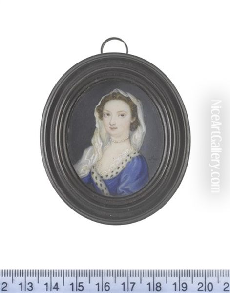 A Lady, Wearing Blue Robe Edged With Ermine Over Her White Lace Chemise, Pearl Choker, Her Brown Hair Upswept Beneath A White Silk Veil - view 1