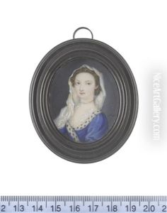 A Lady, Wearing Blue Robe Edged With Ermine Over Her White Lace Chemise, Pearl Choker, Her Brown Hair Upswept Beneath A White Silk Veil by Peter Paul Lens