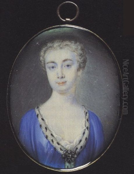 A Noblewoman Wearing Ermine-trimmed Blue Robes Held With A Jewelled Brooch, White Underdress, Her Hair Powdered - view 1