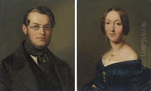 Portrait Of A Gentleman, Bust-length, In A Black Coat And Glasses (+ Portrait Of A Lady, Bust-length, In A Black Dress And Gold Jewelry; Pair) by Gaston Lenthe