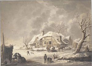 Skaters On A Lake Beside A Cottage