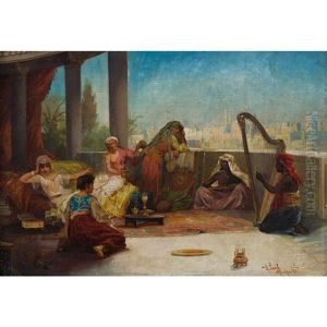 Orientalische Szene Mit Harfenspieler Vor Haremsdame by Carl Libert August Lentz