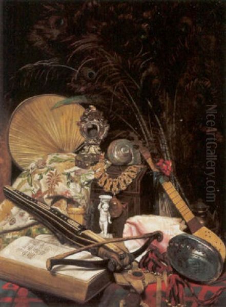Stilleben Mit Pfauenfedern, Armbrust, Foliant, Figurine - view 1