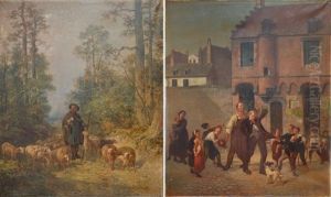 Les Buveurs Et Berger Et Son Troupeau by Jules Leonard