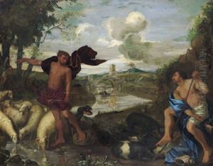 Paesaggio Arcadico, Bucolico Con Due Figure Di Pastori: Arkadische Landschaft Mit Zwei Hirten by Andrea di Leone