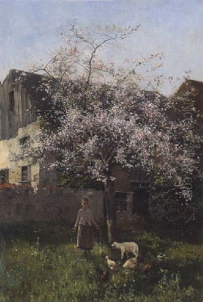 Fruhling In Dachau-etzenhausen: Bauernmadchen Mit Lamm Und Huhnern Unter Einem Bluhenden Obstbaum Vor Dem Gehoft - view 1