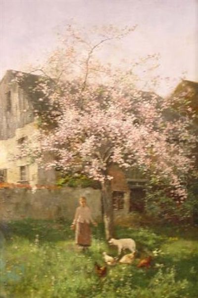 Madchen Mit Huhnern Und Einem Lamm Unter Einem Bluhenden Kirschbaum - view 1
