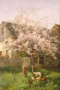 Madchen Mit Huhnern Und Einem Lamm Unter Einem Bluhenden Kirschbaum by Johannes Leonhard