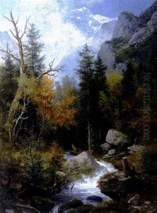 Waldige Hochgebirgslandschaft Mit Reissendem Bach Und Leuchtendem Gipfel by August Leonhardi