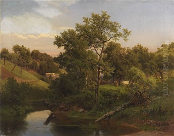 Flussaue Mit Bauernhaus Und Viehhirte - view 1