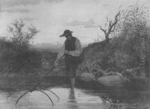 Forellenangler Im Morgenrot by Eduard Emil August Leonhardi