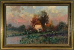 Bauern Vor Gehoft Mit Wassermuhle Am Bach Bei Morgendlicher Feldarbeit by Carl Leopold