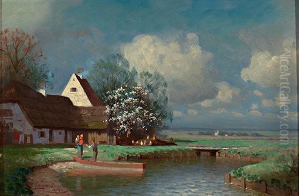 Fruhlingsidyll Mit Bauernhof Am Ufer Eines Weihers - view 1