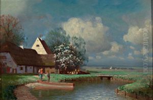 Fruhlingsidyll Mit Bauernhof Am Ufer Eines Weihers by Carl Leopold