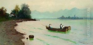 Chiemseelandschaft Mit Fischerboot, Im Hintergrund Blick Auf Die Fraueninsel