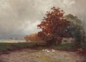 Chiemgaulandschaft Mit Enten Vor Einem Haus by Carl Leopold
