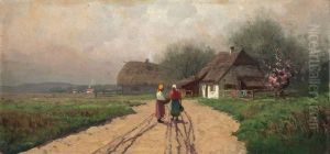 Zwei Bauerinnen Unterhalten Sich Auf Einem Feldweg Vor Einem Bauernhof by Curt Leopold