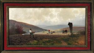 Bauern Bestellen Das Feld Mit Blick In Eine Weite, Wolkenverhangene Hugellandschaft by Curt Leopold