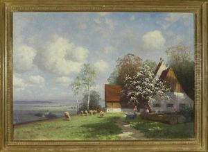 Hof Mit Kleiner Schafherde In Weiter Oberbayerischer Sommerlandschaft by Curt Leopold